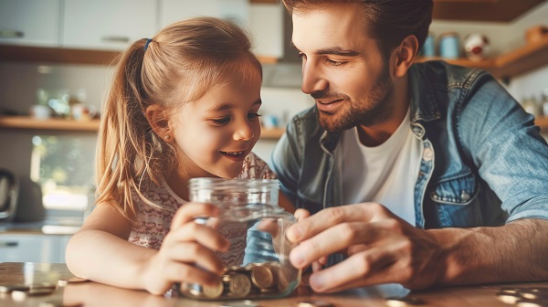 Une jeune fille et son père souriant, comptant des pièces de monnaie dans un bocal en verre, dans une cuisine chaleureuse.