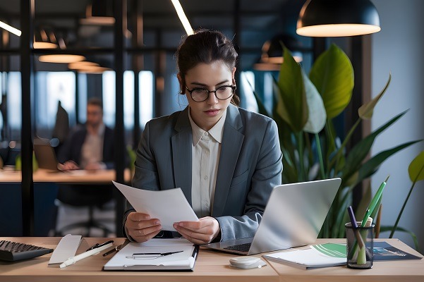 Une jeune femme travaille à son bureau entourée de plantes vertes