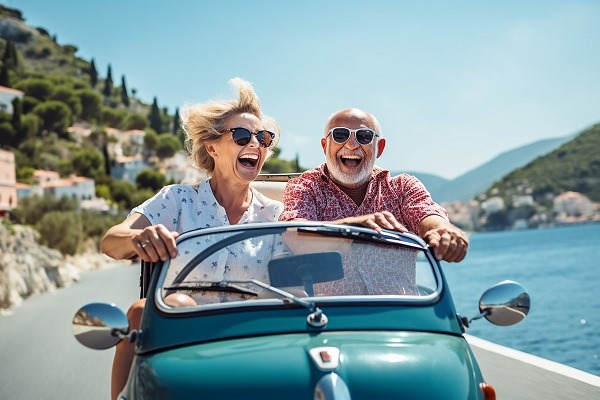 deux séniors heureux dans une voiture décapotable sur une route en bord de mer