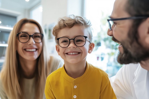 Famille avec un enfant qui sourit en essayant des lunettes