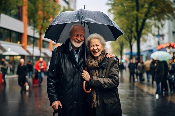 Un couple de retraités sous la pluie et tenant une parapluie