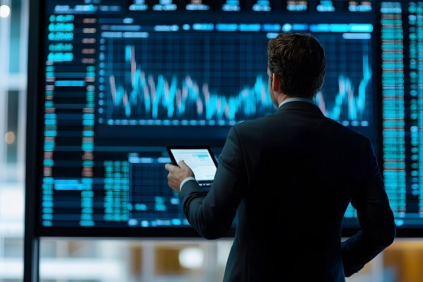 Investisseur en costume examinant des graphiques boursiers sur un grand écran dans un bureau moderne. Actualités bourse.